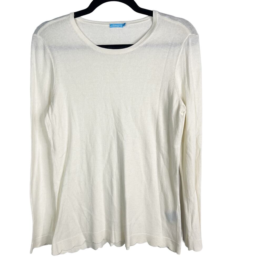 J McLaughlin Small Off White Henri Cotton Cashmere Scallop Hem Crew Neck Sweater